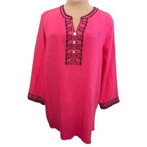 Multiples Pink 3/4 Sleeve Tunic Black Embroidery Large